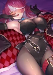 Rule 34 | 1girl, armpits, blush, breasts, cleavage, covered navel, double bun, gloves, hair bun, hair over one eye, heterochromia, highres, hololive, houshou marine, houshou marine (marching band), ichi-go, jacket, large breasts, leotard, long hair, lying, multicolored hair, official alternate costume, official alternate hairstyle, on back, open mouth, pantyhose, red eyes, red hair, saliva, see-through, see-through cleavage, solo, streaked hair, virtual youtuber, white hair, yellow eyes