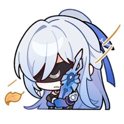 Rule 34 | 1girl, black blindfold, black gloves, blindfold, chibi, closed mouth, commentary, detached sleeves, english commentary, gloves, holding, holding sword, holding weapon, honkai: star rail, honkai (series), hugging object, jingliu (honkai: star rail), leaf, long hair, official art, ponytail, solo, sword, transparent background, upper body, weapon, white hair, wind