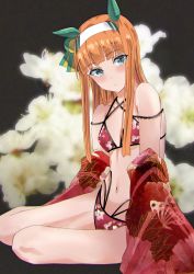 Rule 34 | 1girl, alumina (kennmeidesu), animal ears, arm support, bikini, blue eyes, blush, breasts, commentary request, floral background, floral print, flower, hair ornament, hairband, highres, horse, horse ears, horse girl, japanese clothes, kimono, legs, long hair, looking at viewer, navel, on floor, orange hair, print kimono, red bikini, red kimono, silence suzuka (umamusume), sitting, small breasts, smile, solo, stomach, swimsuit, thighs, umamusume, white flower, white hairband