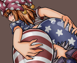 Rule 34 | 2girls, american flag legwear, ass, bow, bowtie, brown eyes, brown hair, clownpiece, d-kureta, face in ass, fang, hands on ass, hat, huge ass, jester cap, kishin sagume, looking back, multiple girls, open mouth, silver hair, sitting, sitting on face, sitting on person, thick thighs, thighs, touhou, wide hips