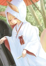 Rule 34 | 1girl, animal ears, batta (kanzume quality), blonde hair, blue eyes, blunt bangs, bride, closed mouth, commentary request, dutch angle, ears through headwear, folding fan, forest, fox ears, fox tail, half-closed eyes, hand fan, holding, holding fan, japanese clothes, kimono, long sleeves, nature, oil-paper umbrella, original, outdoors, red umbrella, shiromuku, smile, solo focus, standing, tail, tassel, tree, uchikake, umbrella, veil, wide sleeves