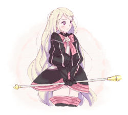 Rule 34 | 1girl, :t, alternate hairstyle, blonde hair, blush, boots, bow, dress, earrings, elise (fire emblem), fire emblem, fire emblem fates, flower, gradient background, hair down, jewelry, long hair, nintendo, pout, purple eyes, rod, rose, solo, thigh boots, thighhighs, third, very long hair, zettai ryouiki