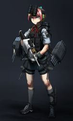 Rule 34 | 10s, 1girl, ammunition pouch, bike shorts, blue eyes, body armor, combat knife, didloaded, eotech, full body, gloves, gun, gun sling, headset, kantai collection, knife, laser sight, neck ribbon, night-vision device, pink hair, bulletproof vest, pleated skirt, ponytail, pouch, red ribbon, ribbon, sheath, shiranui (kancolle), skirt, solo, torpedo, weapon