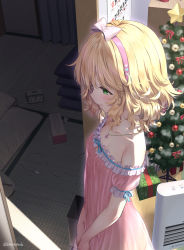 Rule 34 | 1girl, alarm clock, bare shoulders, blonde hair, blush, bow, box, breasts, christmas tree, cleavage, clock, closed mouth, collarbone, commentary request, futon, gift, gift box, green eyes, hair bow, hairband, idolmaster, idolmaster cinderella girls, indoors, jewelry, lingerie, lips, matanonki, navel, necklace, negligee, pink bow, pink hairband, sakurai momoka, see-through, short hair, short sleeves, small breasts, solo, standing, tatami, tissue box, underwear, wooden floor