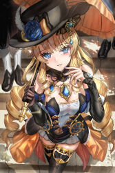 Rule 34 | 1girl, bare shoulders, black footwear, black headwear, blonde hair, blue eyes, blush, boots, breasts, brown gloves, genshin impact, gloves, hand up, hat, hat ornament, highres, himonoata, jewelry, large breasts, long hair, long sleeves, looking at viewer, nail polish, navia (genshin impact), parted lips, purple nails, single glove, smile, solo focus, thigh boots, thighs