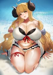 Rule 34 | 1girl, :d, ahoge, aji (sakanaaj1), anila (granblue fantasy), anila (summer) (granblue fantasy), arms at sides, bare shoulders, beach, bikini, blonde hair, blunt bangs, blush, breasts, cleavage, collarbone, commentary request, day, detached sleeves, draph, eyebrows, eyelashes, full body, granblue fantasy, highres, horns, large breasts, layered bikini, long hair, looking at viewer, makeup, mascara, midriff, navel, open mouth, outdoors, seiza, sheep horns, short eyebrows, sidelocks, sitting, smile, solo, stomach, swimsuit, very long hair, water, wet, white bikini, yellow eyes
