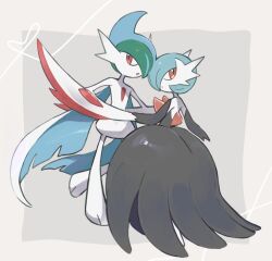 Rule 34 | :o, alternate color, border, brown eyes, closed mouth, commentary request, creatures (company), gallade, game freak, gardevoir, gen 3 pokemon, gen 4 pokemon, grey background, heart, looking to the side, mega gallade, mega gardevoir, mega pokemon, nintendo, oyul o, pokemon, pokemon (creature), shiny pokemon, white border