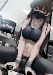 Rule 34 | 1girl, absurdres, arms between legs, bare shoulders, black hair, black leggings, bra, breast press, breasts, breasts squeezed together, covered mouth, crop top, ear piercing, earrings, gym, highres, jewelry, konata (kankin jk), large breasts, leggings, looking at viewer, mask, mishiranu joshikousei ni kankin sareta mangaka no hanashi, mouth mask, nail polish, navel, necklace, piercing, ryouma (galley), sitting, solo, sports bra, sportswear, spread legs, thighs, underwear, wristband, yellow eyes