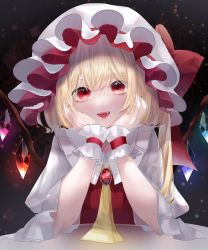 Rule 34 | 1girl, :d, absurdres, blonde hair, bonnet, bow, fangs, flandre scarlet, hat, hat bow, head rest, highres, large bow, long hair, long sleeves, looking at viewer, mob cap, neckerchief, open mouth, red bow, red eyes, side ponytail, sitting, slit pupils, smile, solo, table, touhou, upper body, white hat, white sleeves, wings, wrist cuffs, yellow neckerchief, yukia (yukia 777)