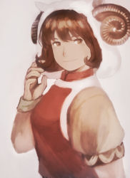 Rule 34 | 1girl, brown eyes, brown hair, brown theme, commentary request, from side, gensou suikoden, gensou suikoden ii, gloves, hat, horns, looking at viewer, maeka (kumaekake), muted color, nanami (suikoden), short hair, solo