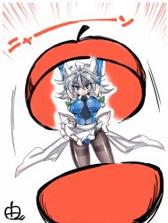 Rule 34 | 1girl, alternate costume, apron, black necktie, blue eyes, bow, braid, breasts, detached collar, elbow gloves, emphasis lines, gloves, hair bow, izayoi sakuya, large breasts, leotard, looking at viewer, maid apron, necktie, pantyhose, sazae-san, shiny clothes, silver hair, smile, solo, tajima yuuki, thighs, tight clothes, touhou, twin braids