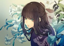 Rule 34 | 1girl, black hair, blue eyes, blunt bangs, bow, closed mouth, commentary request, flower, flower request, hair bow, half updo, hime cut, japanese clothes, kimono, leaning forward, lily (flower), lips, long hair, looking at viewer, matsuda toki, portrait, purple kimono, shichine youko, sidelocks, solo, utau, white flower