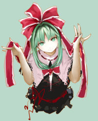 Rule 34 | 1girl, absurdres, between fingers, black dress, bow, closed mouth, cropped torso, dress, fingernails, front ponytail, green eyes, green hair, hair bow, hair intakes, hair ribbon, hands up, head tilt, highres, holding, kagiyama hina, light blue background, light blush, long fingernails, long hair, looking at viewer, no pupils, red bow, red ribbon, ribbon, sancking (fatekl), simple background, smile, solo, touhou, upper body