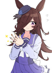 Rule 34 | 1girl, absurdres, animal ears, blue hat, brown hair, closed mouth, flying sweatdrops, hair over one eye, hands up, hat, highres, horse ears, long hair, long sleeves, multicolored nails, own hands together, purple eyes, purple shirt, purple skirt, rice shower (umamusume), sailor collar, school uniform, shirt, simple background, skirt, smile, solo, sparkle, tiara (871220), tracen school uniform, umamusume, upper body, white background