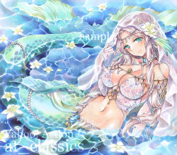 Rule 34 | 1girl, aqua eyes, artist name, at classics, blush, breasts, bridal veil, cleavage, closed mouth, fins, flower, forehead jewel, hair flower, hair ornament, hand up, head fins, jewelry, large breasts, long hair, looking at viewer, mermaid, monster girl, navel, original, pendant, sample watermark, skindentation, smile, solo, traditional media, veil, water, watermark, white hair
