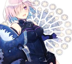 Rule 34 | 1girl, armor, bare shoulders, black armor, blush, breasts, colored eyelashes, commentary request, cowboy shot, elbow gloves, fate/grand order, fate (series), faulds, from side, gloves, hair over one eye, kanasiinezimakineko, leotard, light purple hair, looking at viewer, mash kyrielight, medium breasts, open mouth, parted bangs, purple eyes, purple gloves, shield, short hair, skin tight, smile, solo, standing, tagme, white background