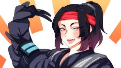 Rule 34 | 1girl, animification, apex legends, black gloves, black hair, black robe, blush, cloud marauder valkyrie, fangs, gloves, haguki, hair behind ear, headband, highres, looking at viewer, official alternate costume, open mouth, parted bangs, ponytail, portrait, red eyes, red headband, robe, smile, solo, textless version, valkyrie (apex legends)