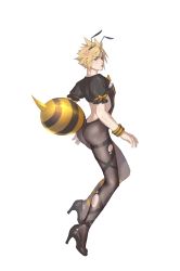 Rule 34 | 1boy, absurdres, alternate costume, antennae, aqua eyes, backless leotard, bee costume, black footwear, black hairband, black pantyhose, blonde hair, chicken movement, cleavage cutout, clothing cutout, cloud strife, crossdressing, final fantasy, final fantasy vii, final fantasy vii remake, floating, flower, full body, hair between eyes, hair flower, hair ornament, hairband, high heels, highres, leotard, looking at viewer, male focus, pantyhose, parted lips, pink flower, puffy short sleeves, puffy sleeves, short hair, short sleeves, spiked hair, square enix, stinger, thigh strap, torn clothes, torn pantyhose, white background, wristband