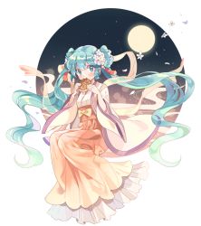 Rule 34 | 1girl, alternate costume, apple972, aqua eyes, aqua hair, blush, chinese clothes, chuushuu meigetsu miku, eating, flower, food, full body, full moon, gradient background, hatsune miku, inzup, japanese clothes, long hair, looking at viewer, moon, mooncake, see-through, smile, solo, twintails, very long hair, vocaloid