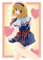 Rule 34 | 1girl, alice margatroid, blonde hair, blue dress, blue eyes, border, capelet, clothes grab, commentary request, dress, feet out of frame, frilled capelet, frilled dress, frilled hairband, frilled ribbon, frills, hairband, heart, highres, lolita hairband, looking at viewer, medium hair, neck ribbon, nijou makoto, open mouth, outline, outside border, red hairband, red ribbon, ribbon, short sleeves, smile, solo, touhou, waist ribbon, white border, white capelet, white outline