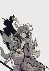 Rule 34 | 1girl, alice (sinoalice), blue hair, chain, choker, claws, closed mouth, corruption, dragon, dress, elbow gloves, expressionless, gloves, headdress, highres, looking at viewer, misoshiru umai4, one eye covered, petticoat, red eyes, short hair, simple background, sinoalice, skull, solo, white background