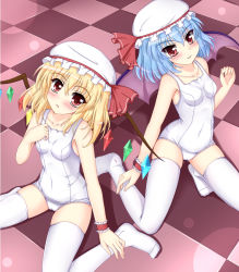Rule 34 | 2girls, bat wings, blonde hair, blue hair, blush, cameltoe, checkered floor, crystal, female focus, flandre scarlet, floor, hat, md5 mismatch, multiple girls, one-piece swimsuit, red eyes, remilia scarlet, resolution mismatch, school swimsuit, shoes, short hair, siblings, sisters, sitting, smile, source larger, swimsuit, thighhighs, touhou, unico kasumi, white one-piece swimsuit, white school swimsuit, wings