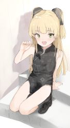 Rule 34 | 1girl, :d, arm support, bare arms, bare shoulders, black bow, black dress, black footwear, black socks, blonde hair, blush, bow, china dress, chinese clothes, commentary request, dress, fang, female focus, full body, green eyes, hair bow, hand up, highres, idolmaster, idolmaster cinderella girls, jougasaki rika, long hair, looking at viewer, open mouth, pelvic curtain, ripu (lipi), shoes, sleeveless, sleeveless dress, smile, socks, solo, squatting, stairs, stone stairs, two side up
