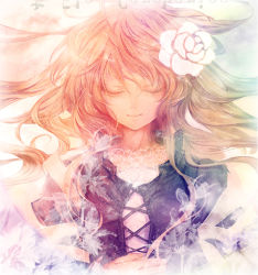 Rule 34 | 1girl, cis (carcharias), closed eyes, female focus, flower, hijiri byakuren, lace, long hair, lowres, multicolored hair, rose, smile, solo, touhou, two-tone hair, upper body, white flower, white rose