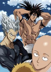 Rule 34 | 3boys, abs, absurdres, anime coloring, bald, blue eyes, blue sky, bodysuit, brown hair, cleaned, closed mouth, cloud, cloudy sky, crossed arms, day, garou (one-punch man), grey hair, grin, highres, looking at viewer, multiple boys, murata yuusuke, muscular, nipples, official art, one-punch man, pointy hair, saitama (one-punch man), sanpaku, sash, topless male, sky, smile, suiryuu (one-punch man), wig, yellow eyes