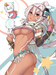 Rule 34 | 1girl, absurdres, alternate costume, ass, azur lane, bangle, bird mask, bodypaint, bracelet, breasts, chinese commentary, commentary request, crop top, crop top overhang, dark-skinned female, dark skin, dc (doughertyevans), facepaint, feather hair ornament, feathers, fingerless gloves, gloves, hair ornament, highres, jewelry, light purple hair, long hair, looking at viewer, mask, mask on head, medium breasts, midriff, minneapolis (azur lane), native american, navel, open mouth, ponytail, red eyes, revealing clothes, shou jian yu, solo, toned, underboob