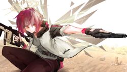 Rule 34 | 1girl, absurdres, aiming, angel, arknights, black gloves, black pantyhose, closed mouth, commentary, detached wings, dual wielding, energy wings, english text, exusiai (arknights), feet out of frame, fingerless gloves, gloves, grey skirt, gun, gyoukan (jfxc), halo, handgun, highres, holding, holding gun, holding weapon, hood, hooded jacket, jacket, kneeling, kriss vector, orange eyes, pantyhose, plant, red hair, short hair, simple background, skirt, solo, submachine gun, trigger discipline, weapon, white background, white jacket, wings