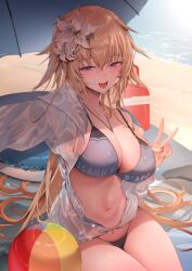 Rule 34 | 1girl, ball, bare shoulders, beach, beach mat, beach umbrella, beachball, between breasts, bikini, black bikini, blonde hair, blue bikini, blue eyes, blue innertube, blue jacket, blush, breasts, character name, cleavage, collarbone, commentary request, fang, fate/grand order, fate (series), flower, hair flower, hair ornament, half-closed eyes, highres, jacket, jeanne d&#039;arc (fate), jeanne d&#039;arc (swimsuit archer) (first ascension) (fate), large breasts, long hair, looking at viewer, mismatched bikini, navel, ocean, off shoulder, open clothes, open jacket, open mouth, outstretched arm, partially unzipped, sitting, smile, solo, stomach, strap gap, string bikini, swimsuit, teeth, thighs, umbrella, upper teeth only, v, very long hair, water, wet, white flower, white jacket, zerocat
