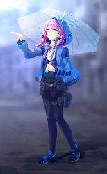 Rule 34 | 1girl, after rain, arknights, belt, belt pouch, black pantyhose, black ribbon, black shorts, blue eyes, blue footwear, blue jacket, blue poison (arknights), blurry, blurry background, breasts, buttons, full body, highres, hood, hooded jacket, jacket, long sleeves, looking up, medium hair, neck ribbon, outstretched hand, pantyhose, pantyhose under shorts, parted bangs, parted lips, pink hair, pouch, ribbon, shirt, shoes, short shorts, shorts, small breasts, solo, sunlight, suspenders, thigh pouch, thigh strap, transparent, transparent umbrella, tsumumi (ozakiyo), twintails, umbrella, vest, walking, white shirt