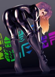 Rule 34 | 1girl, ass, bent over, blush, bodysuit, boots, breasts, brown eyes, brown hair, from behind, gloves, gradient hair, highres, hijiri byakuren, latex, long hair, looking at viewer, multicolored hair, purple hair, shiny clothes, skin tight, smile, solo, touhou, volyz