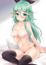 Rule 34 | 1girl, :o, aqua hair, bare arms, bare shoulders, bed sheet, bikini, bikini bottom only, bikini pull, black bikini, black ribbon, black thighhighs, blue eyes, blush, breasts, cleavage, clothes pull, collar, commentary request, eyepatch bikini, hair between eyes, hair ornament, hair ribbon, hairclip, high ponytail, kantai collection, leaning to the side, long hair, looking at viewer, mask, medium breasts, mismatched bikini, mouth mask, navel, nikoo, parted lips, pillow, pulled by self, ribbon, side-tie bikini bottom, sitting, solo, strapless, strapless bikini, swimsuit, thighhighs, very long hair, white bikini, yamakaze (kancolle)