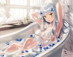 Rule 34 | 1girl, armpits, arms behind head, arms up, bath, bathing, bathroom, bathtub, blunt bangs, convenient censoring, curtains, facial mark, girls&#039; frontline, green eyes, hk416 (girls&#039; frontline), indoors, long hair, looking at viewer, parted lips, petals, petals on liquid, silence girl, silver hair, soap bubbles, soap censor, solo, teardrop, water