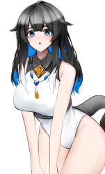 Rule 34 | 1girl, :o, absurdres, adapted costume, alternate hair length, alternate hairstyle, arknights, bare shoulders, black hair, blue eyes, blue hair, blue lips, blush, breasts, bright pupils, colored inner hair, cowboy shot, highres, jewelry, kjera (arknights), large breasts, leaning forward, leotard, long hair, multicolored hair, necklace, open mouth, solo, tail, two-tone hair, underbust, wawamachi (wawamachis), white leotard