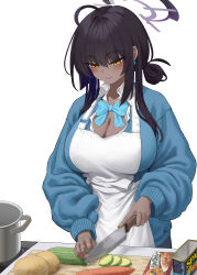 Rule 34 | 1girl, absurdres, ahoge, alternate hairstyle, apron, b-pang, bandaid, bandaid on hand, black hair, blue archive, blue bow, blue bowtie, blue sweater, blush, bow, bowtie, breasts, carrot, cleavage, commentary, cooking, curry roux bar, cutting board, dark-skinned female, dark skin, food, hair up, halo, highres, holding, holding knife, karin (blue archive), kitchen knife, knife, large breasts, long hair, long sleeves, potato, sidelocks, simple background, solo, spam (food), sweater, upper body, vegetable, white background, yellow eyes, zucchini (vegetable)
