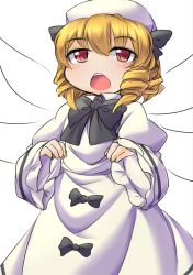 Rule 34 | 1girl, blonde hair, blush, chestnut mouth, dress, drill hair, fun bo, hat, long sleeves, luna child, open mouth, red eyes, short hair, simple background, smile, solo, touhou, white background, wings