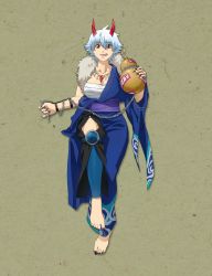 Rule 34 | 1girl, absurdres, alternate costume, barefoot, black nails, black pants, blue hair, blue kimono, bottle, breasts, chain, cleavage, collarbone, drink, drinking straw, feet, female focus, fingernails, fur collar, genderswap, genderswap (mtf), gintama, godzillapigeon1, gourd, green background, hand up, happy, highres, holding, holding bottle, holding chain, holding drink, horns, japanese clothes, japanese text, jewelry, kimono, large breasts, leg up, leg warmers, licking lips, looking at viewer, nail polish, necklace, off shoulder, ofuda, oni, oni horns, pants, red eyes, red horns, sakata gintoki, sarashi, sash, short hair, simple background, smile, solo, standing, standing on one leg, teeth, toenails, tongue, tongue out, translation request