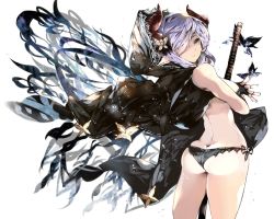 Rule 34 | 1girl, animal, ass, bare shoulders, black cape, black gloves, black panties, breasts, bug, butt crack, butterfly, butterfly hair ornament, cape, closed mouth, commentary request, curled horns, draph, fingerless gloves, gloves, granblue fantasy, grey eyes, hair ornament, hair over one eye, highres, horns, insect, katana, kyuu (plastic night q), large breasts, looking at viewer, looking back, narmaya (granblue fantasy), narmaya (the black butterfly) (granblue fantasy), panties, pointy ears, purple hair, sheath, sheathed, side-tie panties, solo, sword, underwear, weapon, white background