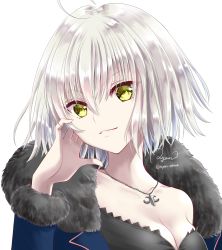 Rule 34 | 1girl, artist name, ayamu (igakato), blue coat, breasts, cleavage, coat, collarbone, fate/grand order, fate (series), fur-trimmed coat, fur trim, highres, jeanne d&#039;arc (fate), jeanne d&#039;arc alter (fate), jeanne d&#039;arc alter (ver. shinjuku 1999) (fate), jewelry, looking at viewer, medium breasts, necklace, official alternate costume, parted lips, short hair, signature, silver hair, simple background, smile, solo, twitter username, upper body, white background, yellow eyes