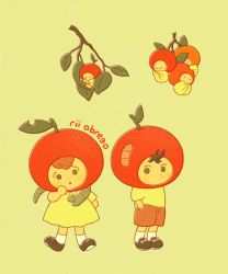 Rule 34 | 1boy, 1girl, 4others, :/, :o, ^ ^, arm behind back, baby, bandaid, black footwear, branch, brother and sister, brown hair, brown shorts, child, closed eyes, closed mouth, commentary, dot nose, dress, english commentary, expressionless, fruit hat, full body, green background, green eyes, hand in pocket, hand to own mouth, hand up, hat, leaf, legs apart, limited palette, looking at viewer, looking to the side, lying, multiple others, muted color, no mouth, no nose, on side, original, parted lips, personification, red headwear, rii abrego, shoelaces, shoes, short sleeves, shorts, siblings, signature, simple background, sleeping, snake, socks, u u, white socks, yellow dress