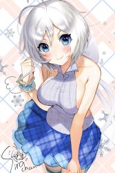 Rule 34 | .live, 1girl, ahoge, bare shoulders, blue eyes, blue skirt, blush, bow, breasts, character name, clenched hand, hand up, looking at viewer, medium breasts, short hair, sideboob, silver hair, dennou shoujo siro, skirt, smile, snowflakes, solo, standing, thighhighs, virtual youtuber, white bow, yanyo (ogino atsuki)