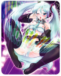 Rule 34 | 1girl, anko koubou, blue hair, bra, bra pull, breasts, busy, censored, clothes pull, clothing aside, female masturbation, hatsune miku, lingerie, long hair, masturbation, mosaic censoring, nipples, one eye closed, panties, panties aside, small breasts, solo, striped, thighhighs, twintails, underwear, very long hair, vocaloid, wink