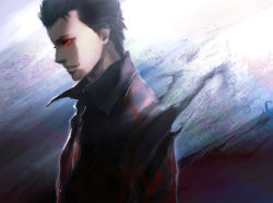 1boy bad_id bad_pixiv_id black_hair black_shirt blouse collared_shirt comin el_shaddai lucifel_(el_shaddai) male_focus red_eyes shirt short_hair simple_background solo