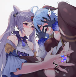 Rule 34 | 2girls, bare shoulders, black gloves, blue hair, breasts, censored, covered erect nipples, covering face, double bun, embarrassed, fingering, ganyu (genshin impact), genshin impact, gloves, goat horns, grey background, hair bun, heart, heart censor, horns, keqing (genshin impact), large breasts, long hair, multiple girls, negom, nipples, open mouth, pantyhose, pink eyes, purple hair, pussy juice, saliva, simple background, sweat, yuri