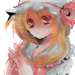 Rule 34 | 1girl, blonde hair, female focus, flandre scarlet, hat, i chi, mob cap, red eyes, short hair, solo, touhou, white background