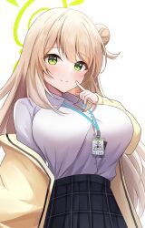 Rule 34 | 1girl, absurdres, blonde hair, blue archive, blush, breasts, button gap, closed mouth, collared shirt, green eyes, hair bun, highres, id card, jacket, lanyard, large breasts, long hair, looking at viewer, nonomi (blue archive), onabe no shime, open clothes, open jacket, plaid, plaid skirt, pointing, pointing at self, shirt, shirt tucked in, simple background, skirt, smile, solo, swept bangs, tented shirt, upper body, white background, white shirt