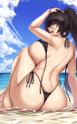 Rule 34 | 1girl, akitsuki karasu, ass, back, bikini, black bikini, black hair, blue sky, breasts, cloud, cloudy sky, commentary request, from behind, hand on own head, highres, kurochijo, large breasts, long hair, looking at viewer, looking back, ocean, open mouth, original, outdoors, ponytail, red eyes, side-tie bikini bottom, sitting, sky, smile, solo, swimsuit, thighs, water, wet